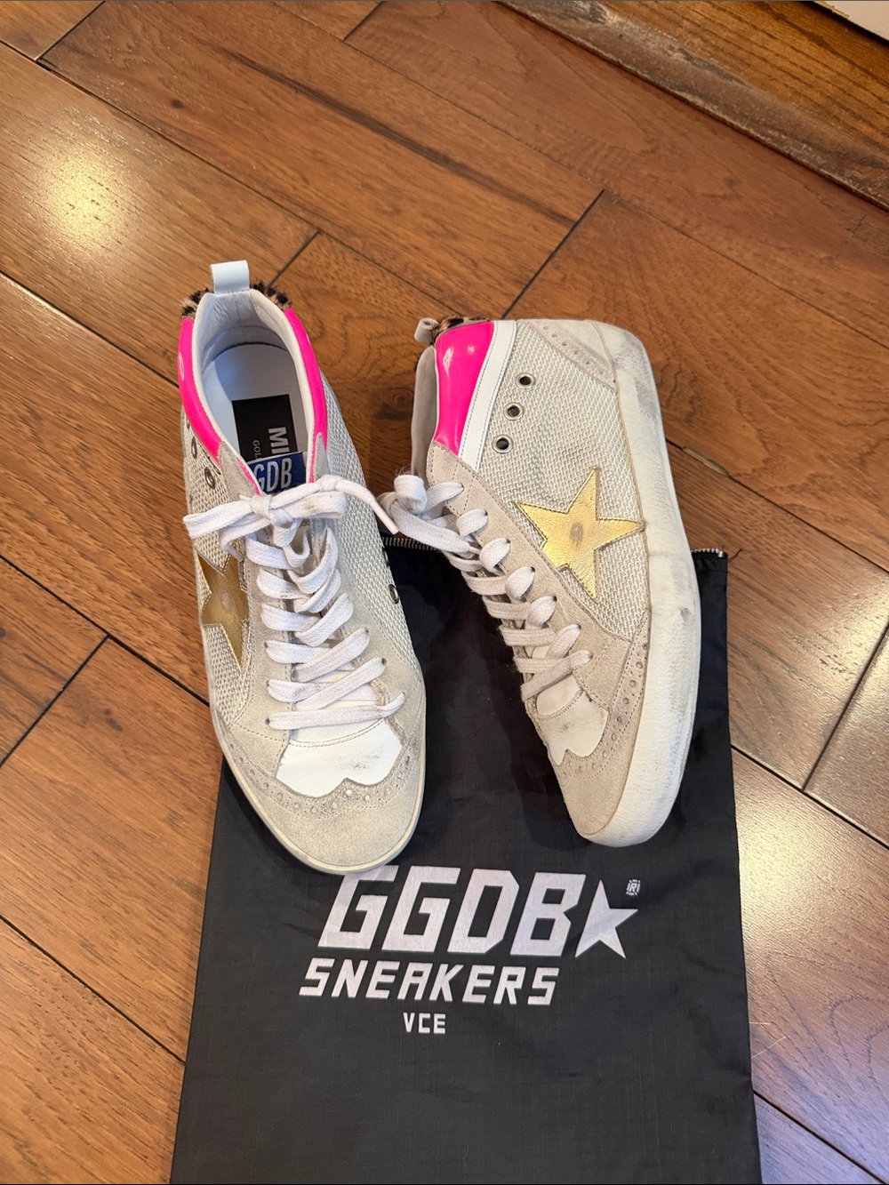 Authentic Golden Goose White Leather & Gold Star Sneakers with Hot Pink Heel